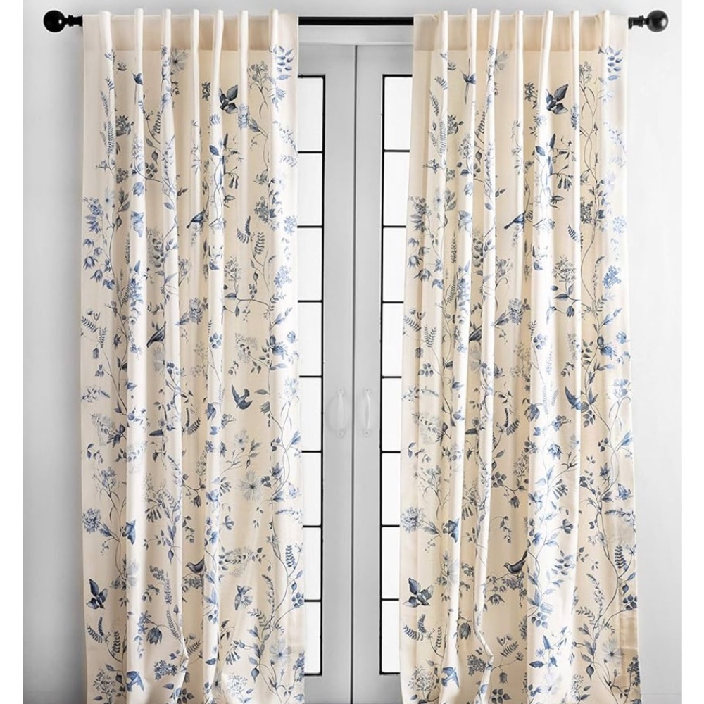 2- 50” x 96” Blue and Cream Toile curtain panels.  Bird pattern